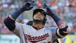 celebrates after hitting a solo home run in the 1st inning against the Chicago White Sox at Guaranteed Rate Field in Chicago, Illinois.