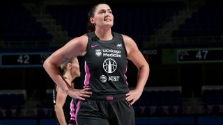 CHICAGO, IL – AUGUST 29: Stefanie Dolson #31 of the Chicago Sky looks on during the game against the Dallas Wings on August 29, 2019 at Wintrust Arena in Chicago, Illinois. NOTE TO USER: User expressly acknowledges and agrees that, by downloading and/or using this photograph, user is consenting to the terms and conditions of the Getty Images License Agreement. Mandatory Copyright Notice: Copyright 2019 NBAE (Photo by Gary Dineen/NBAE via Getty Images)