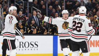 The Blackhawks celebrate a goal against the Boston Bruins in a December 5th game.