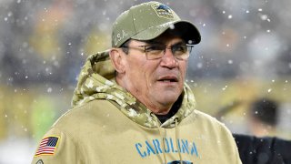 Carolina Panthers head coach Ron Rivera walks off the field after a game against the Green Bay Packers.