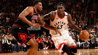 TORONTO, CANADA – FEBRUARY 2: Pascal Siakam #43 of the Toronto Raptors handles the ball during a game against the Chicago Bulls on February 2, 2020 at the Scotiabank Arena in Toronto, Ontario, Canada. NOTE TO USER: User expressly acknowledges and agrees that, by downloading and or using this Photograph, user is consenting to the terms and conditions of the Getty Images License Agreement. Mandatory Copyright Notice: Copyright 2020 NBAE (Photo by Ron Turenne/NBAE via Getty Images)