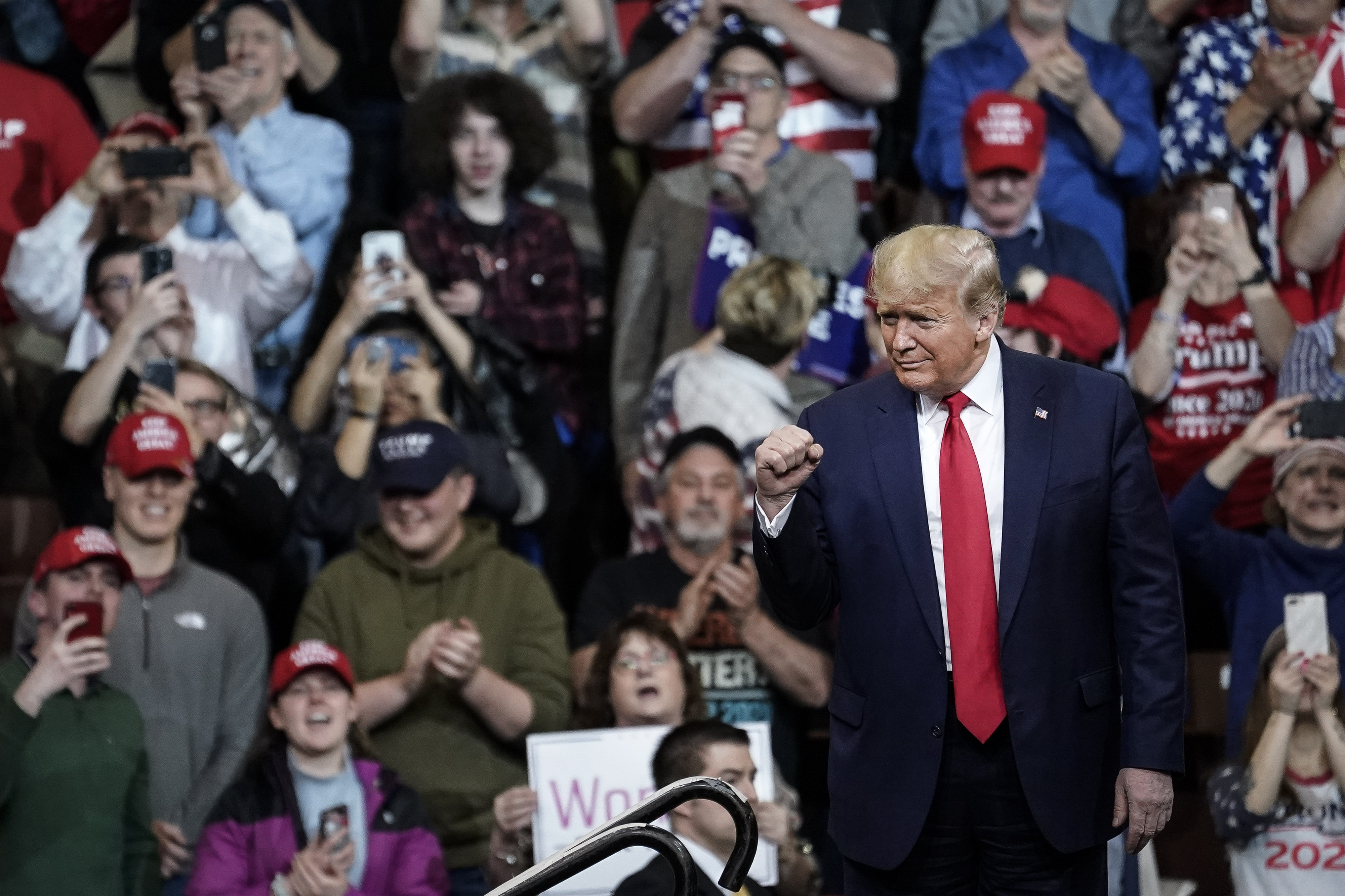President Donald Trump arrives for a “Keep America Great” rally at Southern New Hampshire University Arena in Manchester, New Hampshire on Monday, Feb. 10, 2020 .