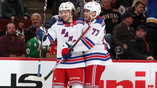 Artemi Panarin celebrates a goal against the Chicago Blackhawks