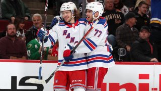 Artemi Panarin celebrates a goal against the Chicago Blackhawks