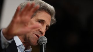 Former Secretary of State John Kerry speaks during a campaign event for Democratic presidential candidate former Vice President Joe Biden on February 01, 2020 in Cedar Rapids, Iowa.