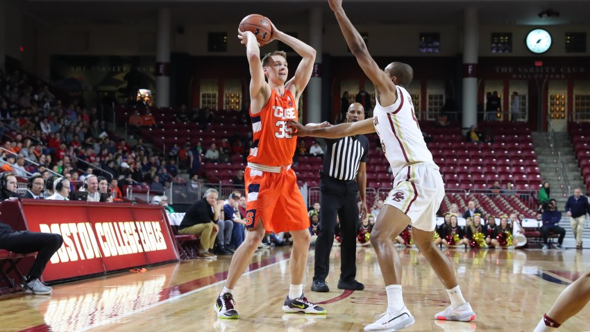 Syracuse Orange guard Buddy Boeheim (35) looks inside during the game between Boston College and Syracuse on March 3, 2020, at Conte Forum in Chestnut Hill, Mass.