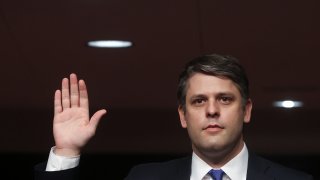 Judge Justin Walker is sworn in prior to testifying before a Senate Judiciary Committee confirmation hearing on his nomination to be a U.S. circuit judge for the District of Columbia Circuit on Capitol Hill on May 6, 2020 in Washington, DC.