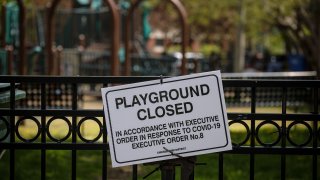 A closed sign is displayed in front of a playground in Chicago
