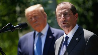 Secretary of Health and Human Services Alex Azar, with President Donald Trump, on May 15, 2020, in the Rose Garden of the White House in Washington, DC.