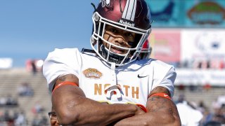 MOBILE, AL – JANUARY 25: Safety Jeremy Chinn #22 from Southern Illinois of the North Team before the start of the 2020 Resse’s Senior Bowl at Ladd-Peebles Stadium on January 25, 2020 in Mobile, Alabama. The Noth Team defeated the South Team 34 to 17. (Photo by Don Juan Moore/Getty Images)