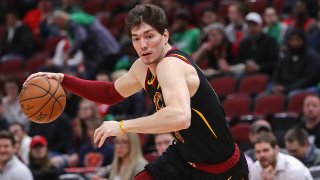 Cedi Osman of the Cleveland Cavaliers in a game against the Chicago Bulls at the United Center on March 10, 2020, in Chicago.