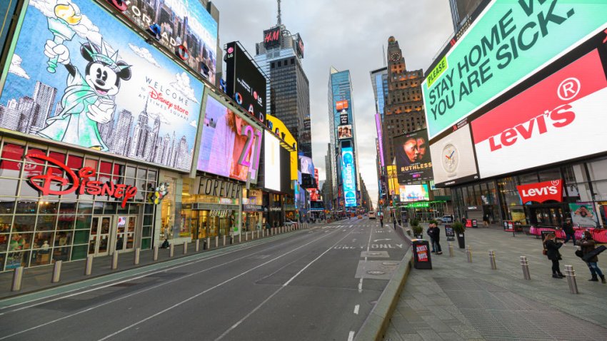 NEW YORK, NY – MARCH 22: A view of Times Square hours ahead of the implementation of ‘New York State on PAUSE’ executive order as the coronavirus continues to spread across the United States on March 22, 2020 in New York City. The tourism and entertainment industries have been hit hard by restrictions in response to the outbreak of COVID-19. (Photo by Noam Galai/Getty Images)