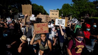 A protest following the fatal arrest of George Floyd is held at Minnesota Gov. Tim Walz's official residence on June 1, 2020, in St. Paul, Minnesota.