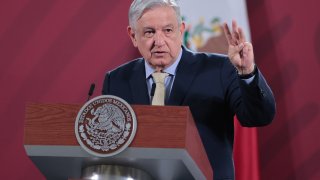 In this June 10, 2020, file photo, President of Mexico Andres Manuel Lopez Obrador gestures during his daily morning briefing in Mexico City, Mexico.