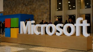 A Microsoft logo is seen during the 2015 Microsoft Build Conference on April 29, 2015 at Moscone Center in San Francisco, California.