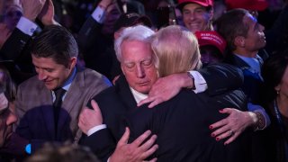 President-elect Donald Trump hugs his brother Robert Trump in the crowd after speaking during an election rally in midtown in New York, NY on Wednesday November 09, 2016.