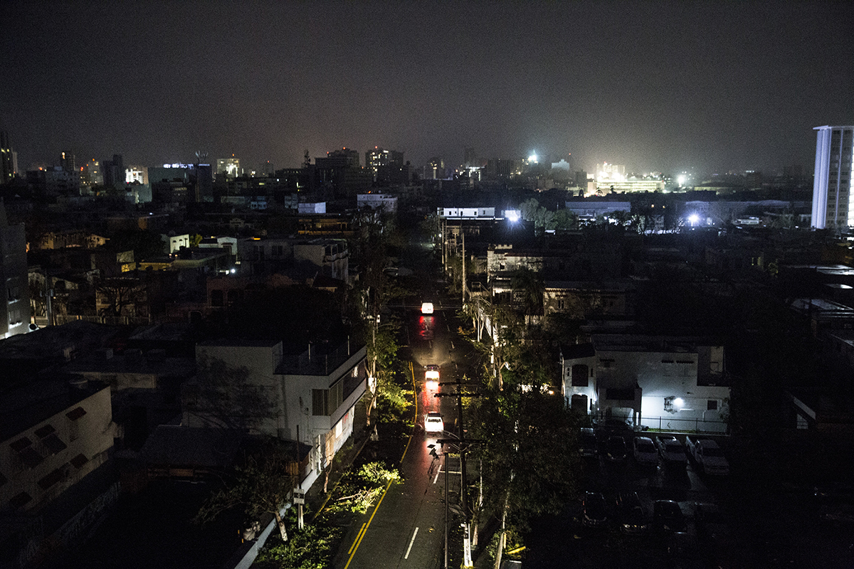 San Juan is seen during a total blackout after Hurricane Maria made landfall as a Category 4 storm on Sept. 20, 2017, San Juan, Puerto Rico. Thousands of people have sought refuge in shelters, and electricity and phone lines have been severely impacted. Puerto Rico Governor Ricardo Rossello has announced a curfew, 6 p.m. to 6 a.m., effective Wednesday through Saturday.