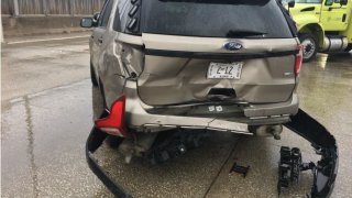 An Illinois State Police trooper was injured when a squad car was rear-ended April 25, 2020, on I-290 near York Street in Elmhurst.