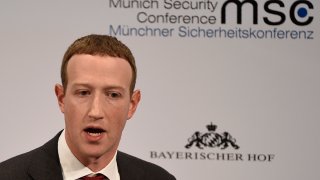 Facebook CEO Mark Zuckerberg speaks on the second day of the Munich Security Conference in Munich, Germany, Feb. 15, 2020.