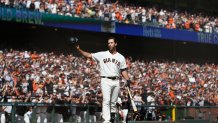 Madison Bumgarner acknowledges the fans at Oracle Park.