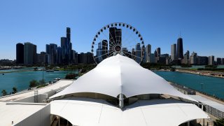 West view of Chicago skyline, photographed from atop the parking garage at Navy Pier