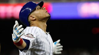 Willson Contreras celebrates after hitting a home run during the 2018 All-Star Game in Washington