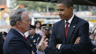 In this file photo, Democratic presidential nominee Barack Obama and New York City Mayor Michael Bloomberg talk at Ground Zero on the seventh anniversary of the terrorist attacks September 11, 2008 in New York City.