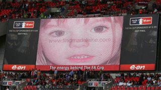 An appeal is displayed on the scoreboard relating to the search for Madeleine McCann prior the FA Cup Final match sponsored by E.ON between Manchester United and Chelsea at Wembley Stadium on May 19, 2007 in London, England.