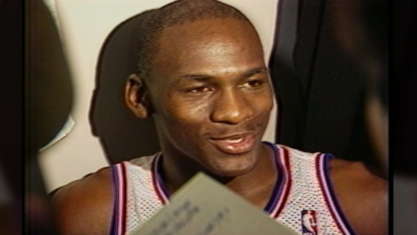 Michael Jordan answers questions from the press following the 1988 NBA All-Star game.