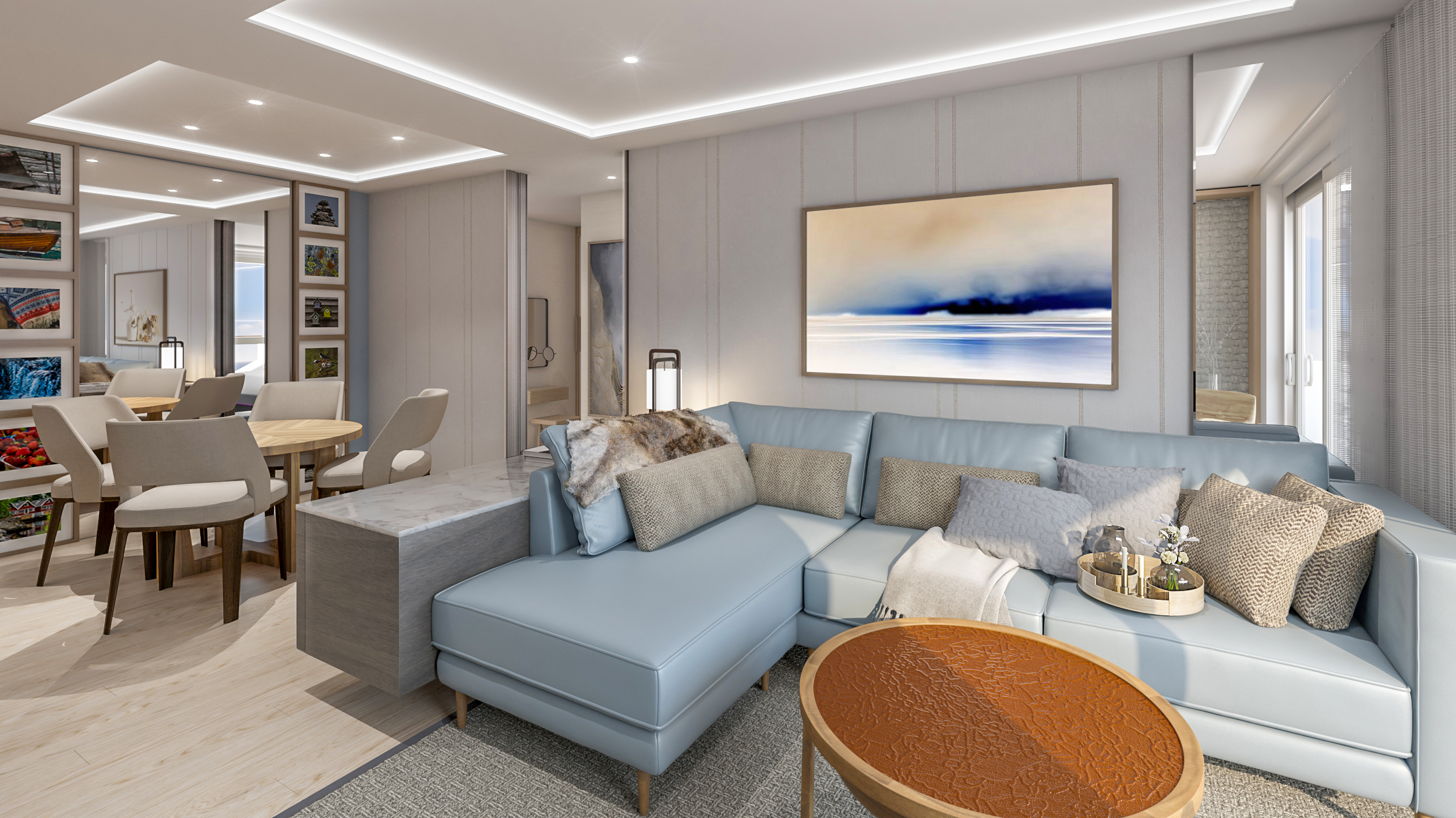 Rendering of Explorer Suite Living Room on-board the Viking Expedition ships Polaris and Octantis