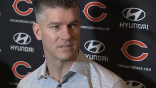Bears general manager Ryan Pace chats with media at the NFL Combine