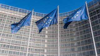 European Union flags at Berlaymont building of the European Commission in Brussels, Belgium