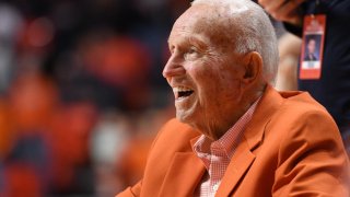 CHAMPAIGN, IL – JANUARY 18: Former Illinois Fighting Illini head coach Lou Henson looks on during halftime of the Big Ten Conference college basketball game between the Northwestern Wildcats and the Illinois Fighting Illini on January 18, 2020, at the State Farm Center in Champaign, Illinois. (Photo by Michael Allio/Icon Sportswire via Getty Images)