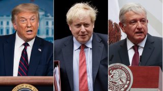 This combination photo shows U.S. President Donald J. Trump, from left, British Prime Minister Boris Johnson, and Mexican President Andres Manuel Lopez Obrador.