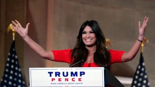 Kimberly Guilfoyle speaks as she tapes her speech for the first day of the Republican National Convention from the Andrew W. Mellon Auditorium in Washington, Monday, Aug. 24, 2020.