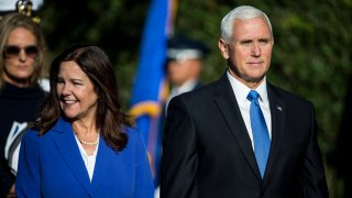WASHINGTON, DC - SEPTEMBER 20: U.S. Second Lady Karen Pence and Vice President Mike Pence attend an official visit ceremony welcoming Australian Prime Minister Scott Morrison and Australian first lady Jennifer Morrison at the South Lawn at the White House September 20, 2019 in Washington, DC. Prime Minister Morrison will participate in an Oval Office meeting, a joint news conference, and a state dinner during his state visit in Washington.