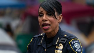 Seattle Police Chief Carmen Best holds a press conference outside of the departments vacated East Precinct in the area known as the Capitol Hill Organized Protest (CHOP) on June 29, 2020 in Seattle, Washington. The press conference was held near the site of an early morning shooting that left one person dead and one in critical condition. "Enough is enough," she said. Four shootings in less than two weeks have taken place in the vicinity.