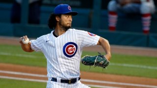 Yu Darvish #11 of the Chicago Cubs throws a pitch during the first inning of a game against the St. Louis Cardinals at Wrigley Field on August 18, 2020 in Chicago, Illinois.