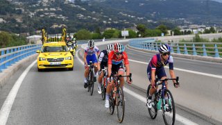 Cyclists compete during the 7th La Course 2020, at Le Tour de France, a 96km race from Nice to Nice on August 29, 2020 in Nice, France.