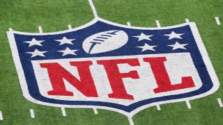 In this Jan. 8, 2012, file photo, a detail of the official National Football League NFL logo is seen painted on the turf as the New York Giants host the Atlanta Falcons during their NFC Wild Card Playoff game at MetLife Stadium in East Rutherford, New Jersey.