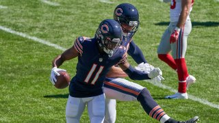 CHICAGO, IL – SEPTEMBER 20: Chicago Bears wide receiver Darnell Mooney (11) celebrates with Chicago Bears defensive tackle John Jenkins (90) after scoring a touchdown in the second quarter of action during a game between the Chicago Bears and the New York Giants on September 20, 2020 at Soldier Field in Chicago, IL. (Photo by Robin Alam/Icon Sportswire via Getty Images)