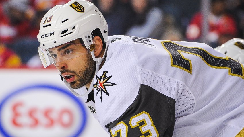 Brandon Pirri of the Vegas Golden Knights lines up for a faceoff