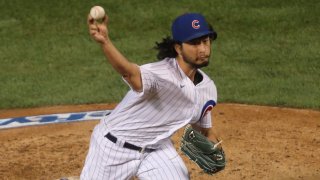 Sep 4, 2020; Chicago, Illinois, USA; Chicago Cubs starting pitcher Yu Darvish (11) delivers a pitch during the third inning against the St. Louis Cardinals at Wrigley Field. Mandatory Credit: Dennis Wierzbicki-USA TODAY Sports