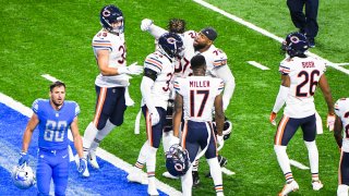 DETROIT, MI – SEPTEMBER 13: Chicago Bears cornerback Jaylon Johnson (33) is congratulated by his teammates following the end of the game between the Detroit Lions versus Chicago Bears game on Sunday September 13, 2020 at Ford Field in Detroit, MI. (Photo by Steven King/Icon Sportswire via Getty Images)