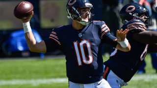 Sep 20, 2020; Chicago, Illinois, USA; Chicago Bears quarterback Mitchell Trubisky (10) looks to throw a pass during the first quarter against the New York Giants at Soldier Field. Mandatory Credit: Jeffrey Becker-USA TODAY Sports