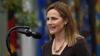 Judge Amy Coney Barrett speaks after being nominated to the US Supreme Court by President Donald Trump in the Rose Garden of the White House in Washington, DC on September 26, 2020. - Barrett, if confirmed by the US Senate, will replace Justice Ruth Bader Ginsburg, who died on September 18.