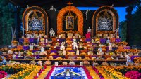 This is a a Day of the Dead altar at a public shrine in the historic city center of Oaxaca, Mexico.