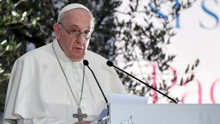 In this Oct. 20, 2020, file photo, Pope Francis delivers a speech during a ceremony for peace with representatives from various religions in Campidoglio Square in Rome.