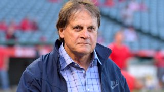 Apr 17, 2018; Anaheim, CA, USA; Boston Red Sox vice president and special assistant to the president of baseball operations Tony La Russa reacts before a game against the Los Angeles Angels at Angel Stadium of Anaheim. Mandatory Credit: Kirby Lee-USA TODAY Sports