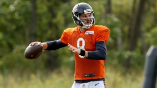 LAKE FOREST, ILLINOIS – SEPTEMBER 01: Tyler Bray #8 of the Chicago Bears throws a pass during training camp at Halas Hall on September 01, 2020 in Lake Forest, Illinois. (Photo by Dylan Buell/Getty Images)